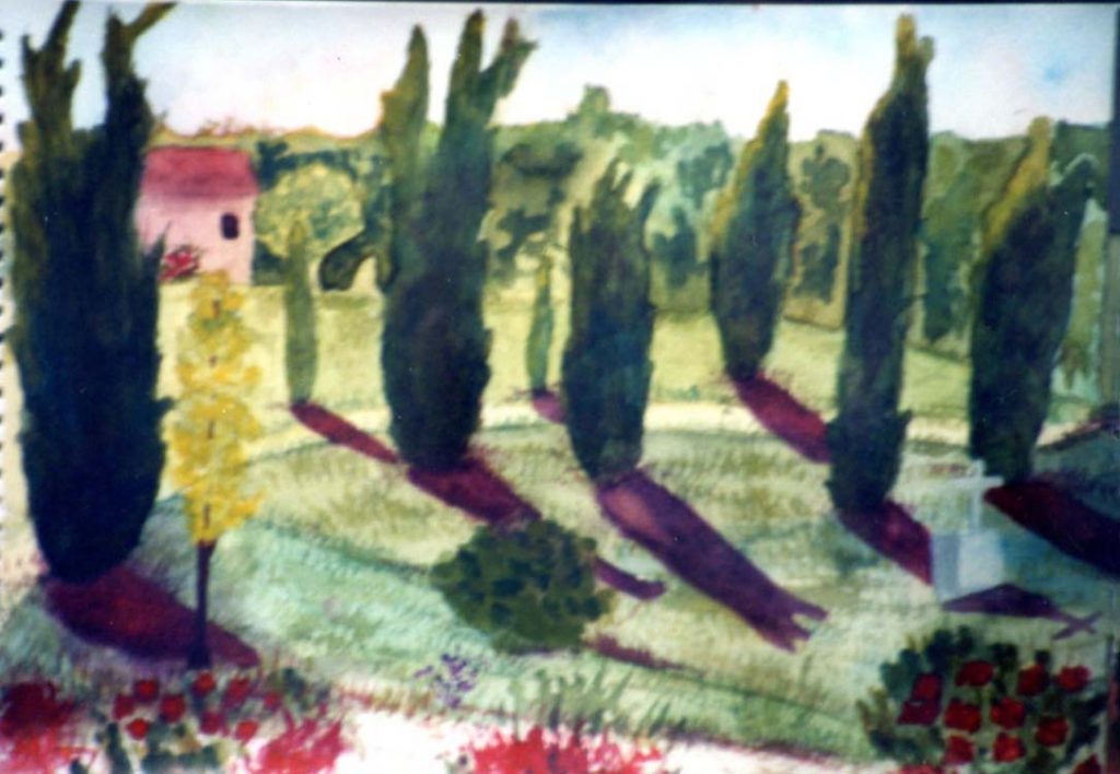 Mary Scott cyprus trees with red shadows